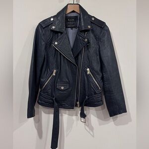 Massimo Dutti Navy Blue Genuine Leather Biker Jacket Sheep Leather 
Size S